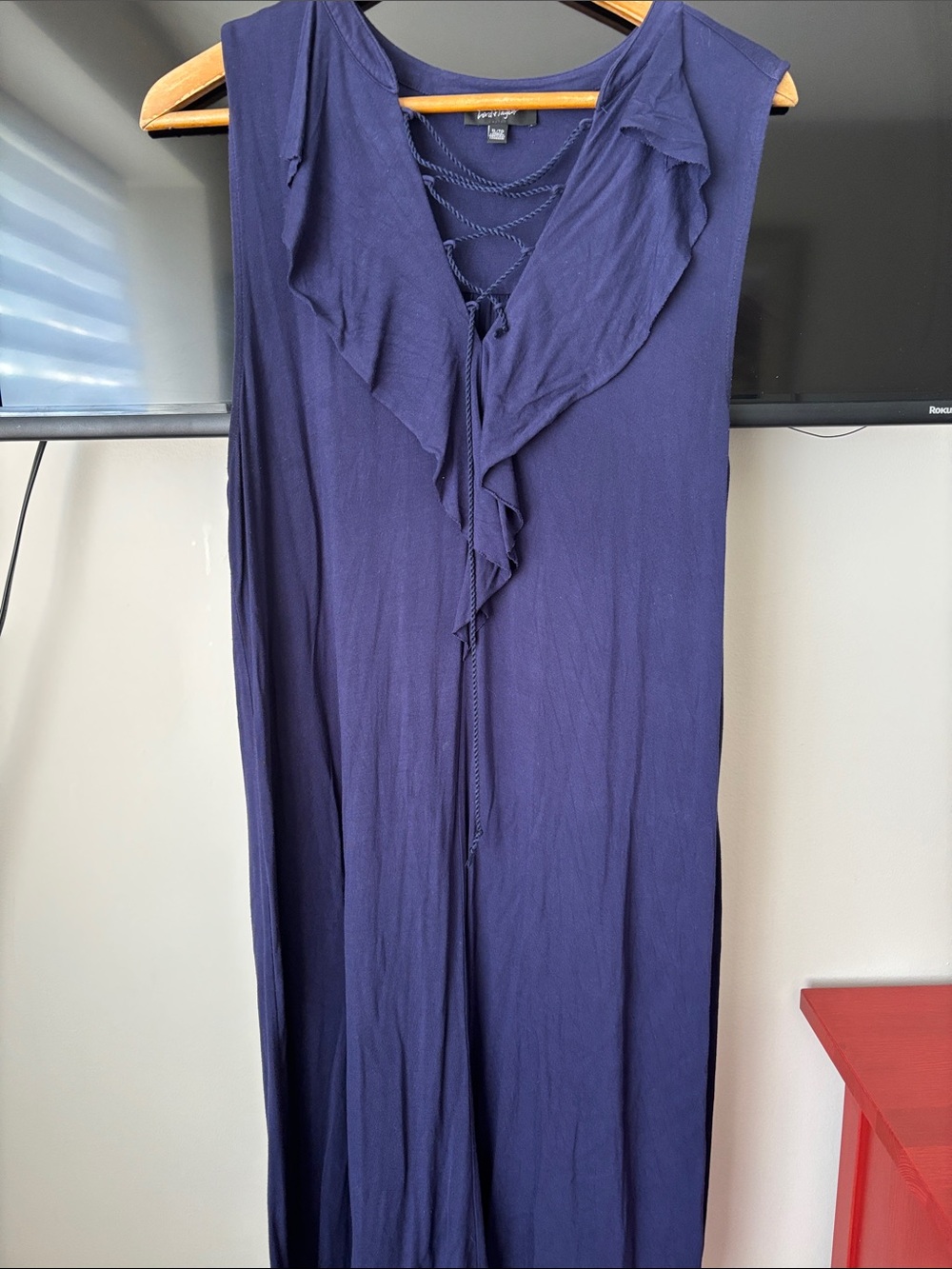 Lord & Taylor Navy Blue Midi Dress with Ruffle V-Neck